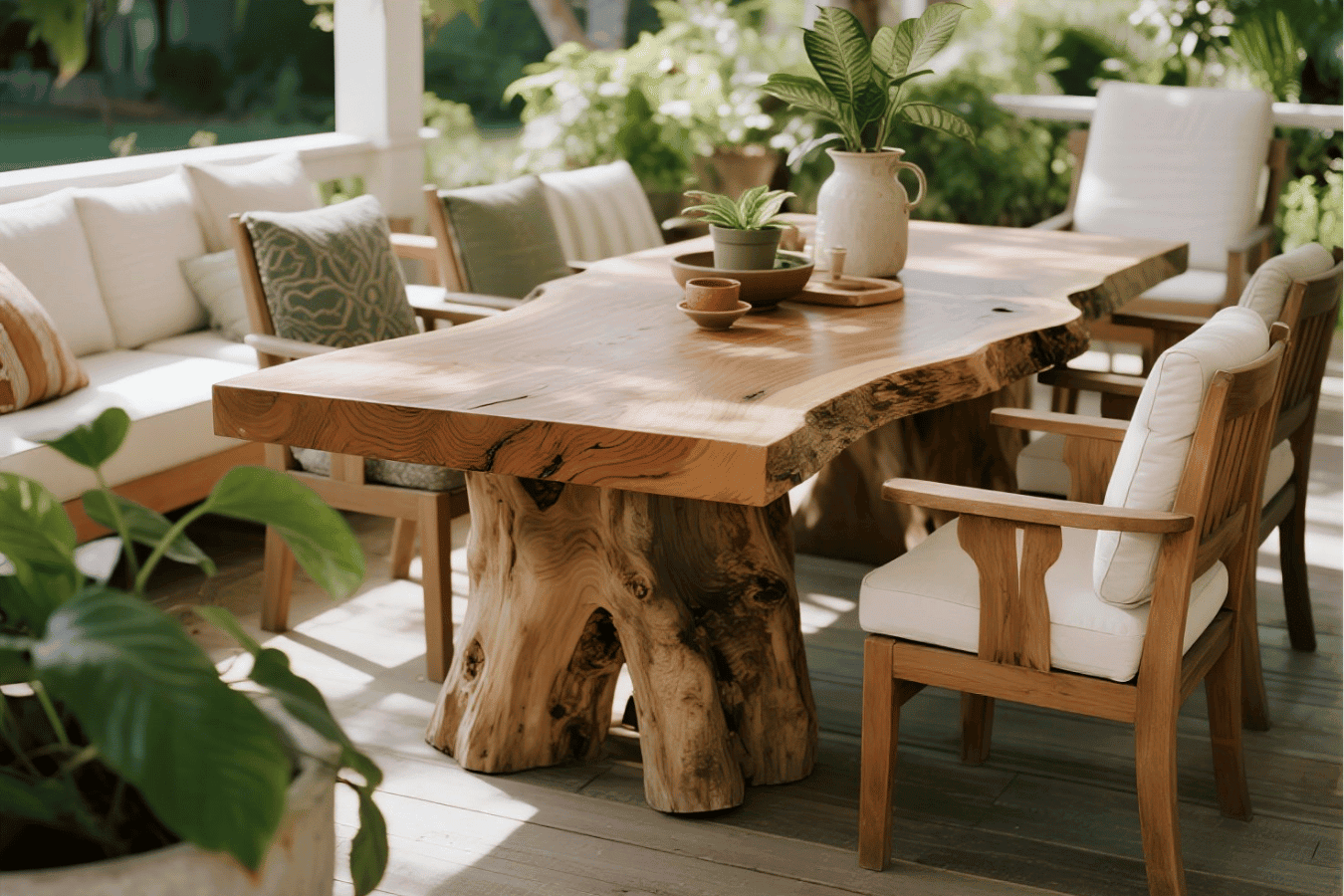 Natural wooden dining table with rustic tree trunk base, surrounded by cushioned chairs, set in a bright, cozy outdoor patio space.