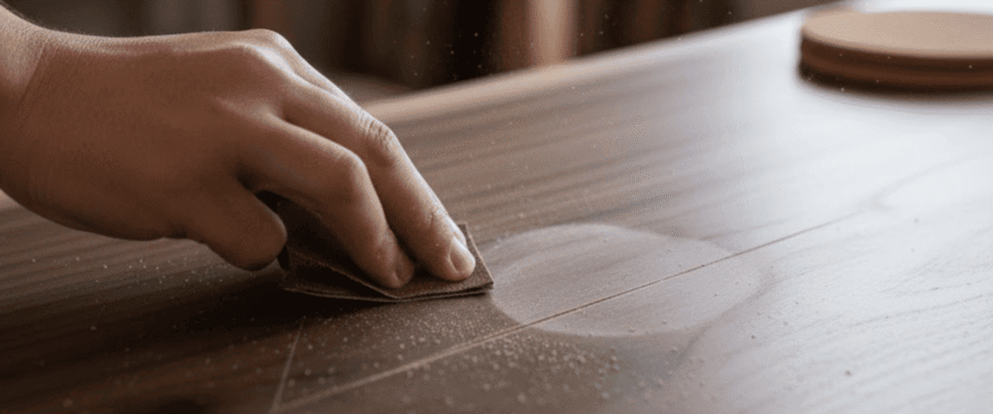 Hand sanding a wooden tabletop by hand, smoothing a circular patch to remove scratches and prepare for finish, fine dust visible