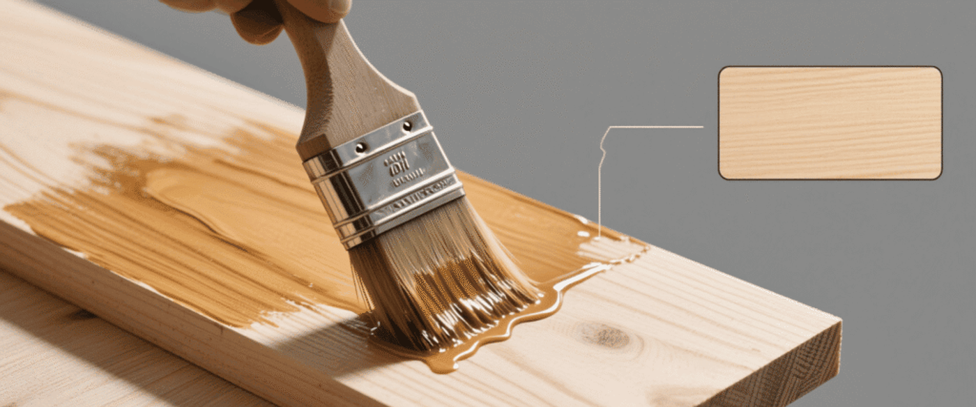 Applying oil-based finish with a brush on wooden board showing color change and wood grain enhancement after coating