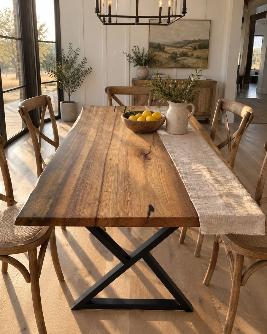 Rendering of the Eulalia Quatro slab as a dining table with Modern X Legs in a modern farmhouse home