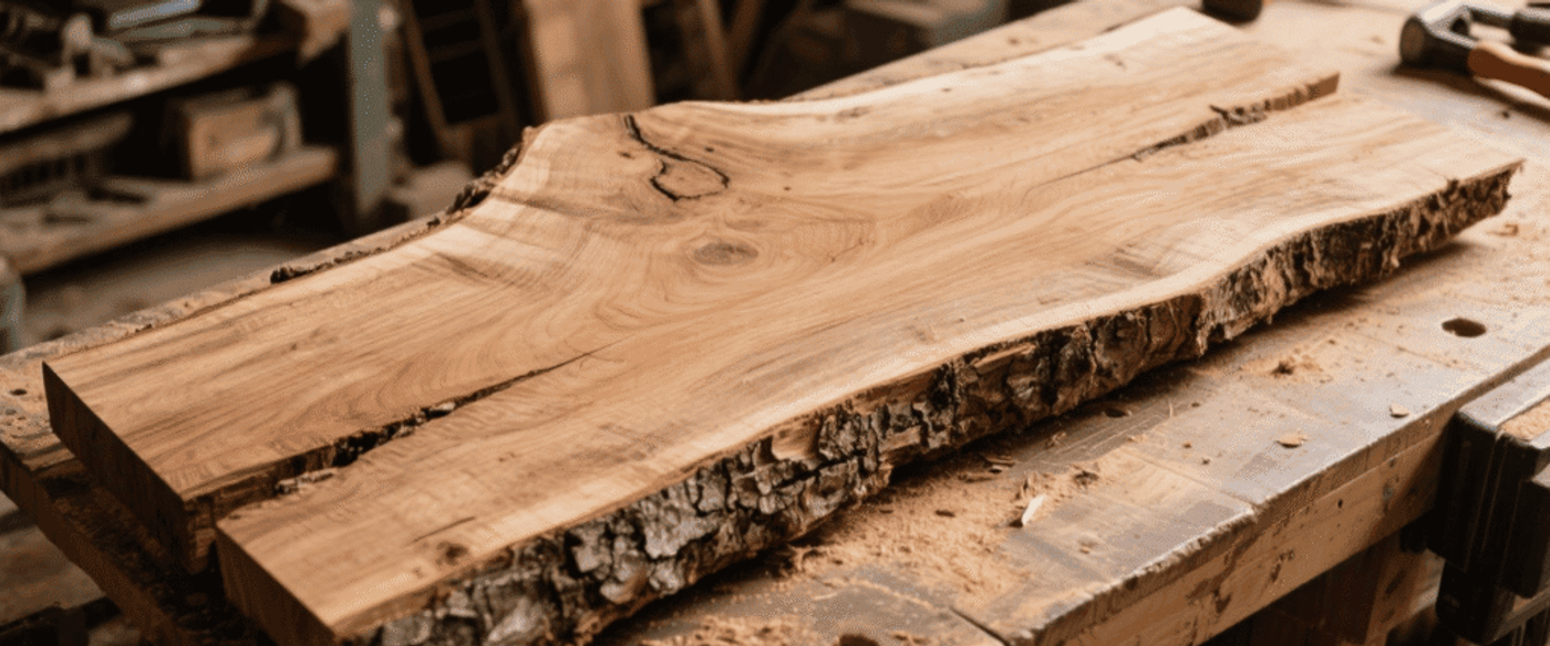 Raw live-edge wood slab on workshop bench with bark and scattered sawdust.
