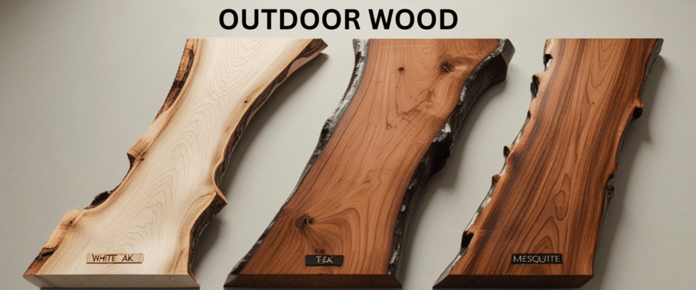Outdoor wood samples: White Oak, Teak, Mesquite – durable and natural options for outdoor use.