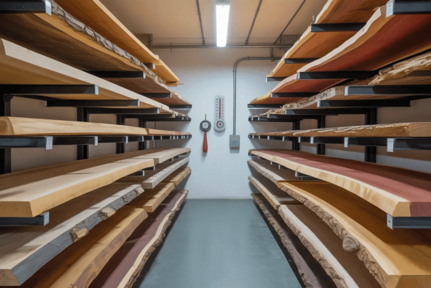 Climate-controlled warehouse with live edge wood slabs neatly stored on metal racks, showing temperature and humidity gauges on the wall.