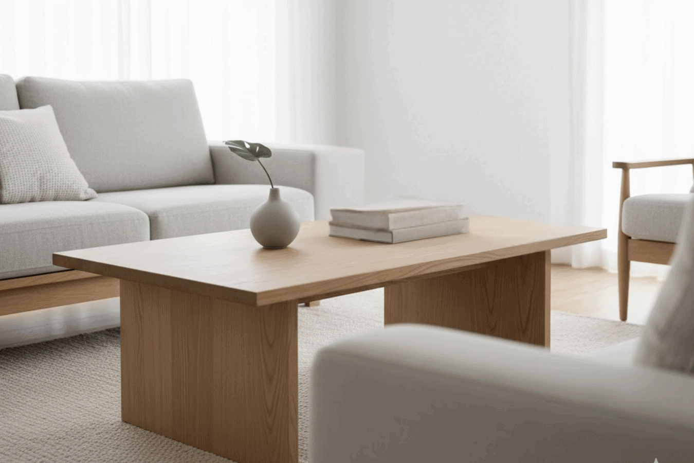 Minimalist living room with light gray sofas, a wooden coffee table holding a small vase and books, and wood slab decor
