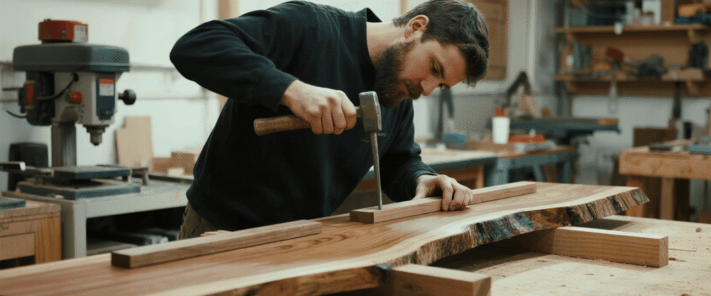 Man chiseling groove into a live-edge wooden slab on a workbench in a busy woodworking shop, tools around.