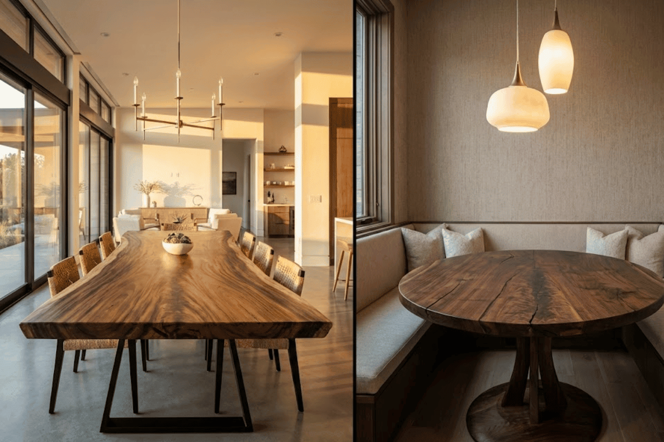 Long live-edge walnut dining table with woven chairs in sunlit modern dining room. Right image: Round walnut pedestal table set in cozy banquette nook with pendant lights