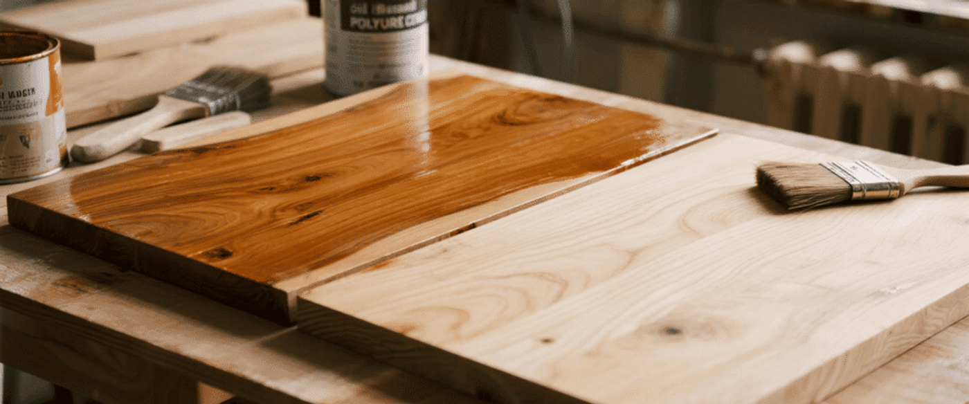 Woodworker applying glossy polyurethane to wooden boards on a workbench, brushes and cans nearby in a sunlit workshop.