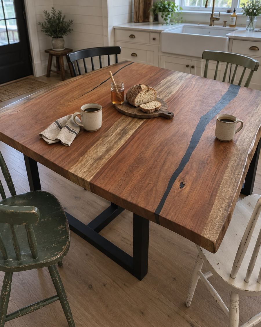 Rendering of the Emilia Quinta slab as a dining table with Tripod Legs in a modern farmhouse home