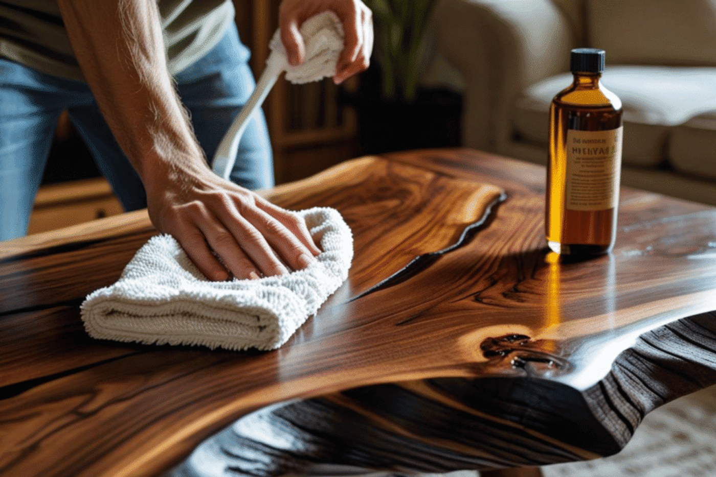 Wood furniture care: applying oil with a cloth to clean and protect the surface.