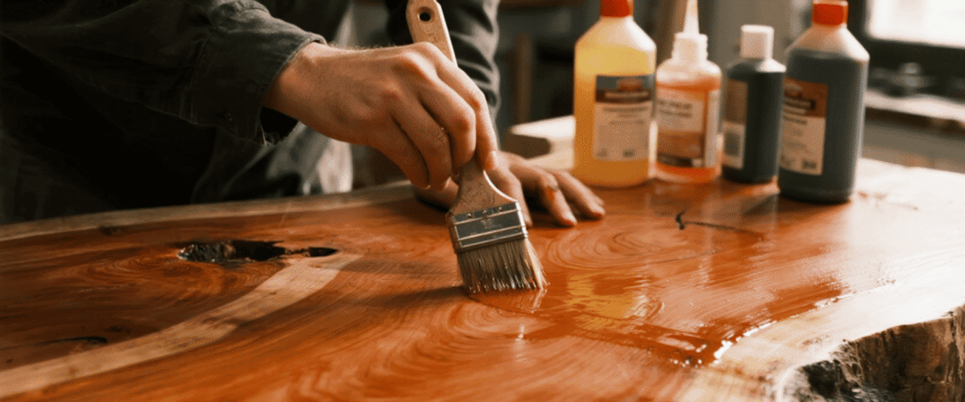 Person applying clear finish with a brush to a live-edge wooden slab table, bottles of wood finish and stain visible in the background.