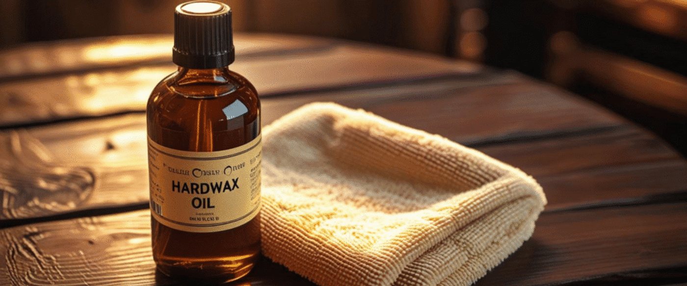 A brown glass bottle labeled "Hardwax Oil" next to a folded beige cloth on a wooden surface, with warm lighting highlighting the scene
