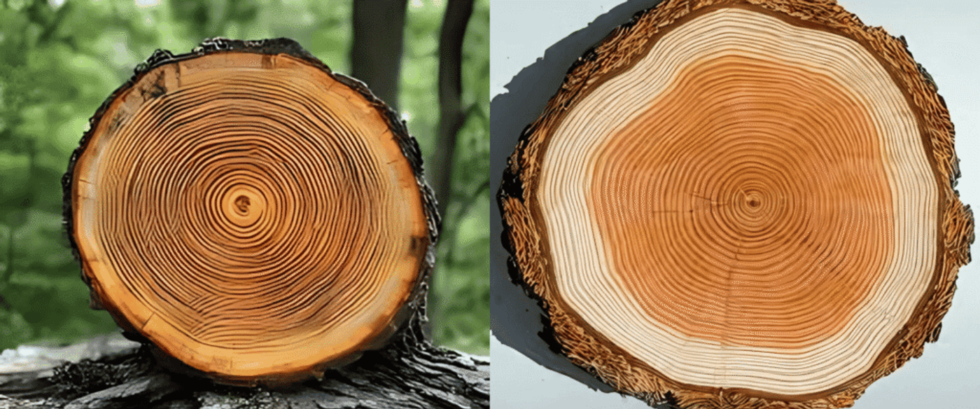 Close-up of a tree trunk cross-section showing concentric growth rings and textured bark against a blurred forest
