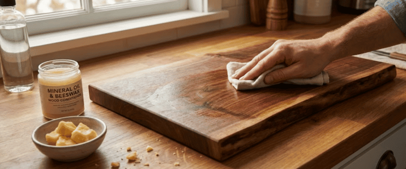 Hand wiping a wooden cutting board with cloth beside jar of mineral oil & beeswax and small dish of wax chunks on countertop