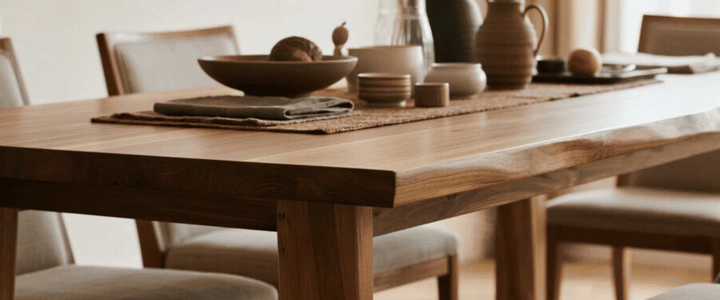 Guanacaste table showing thick slab edges, strong wooden or metal legs, reinforced joinery