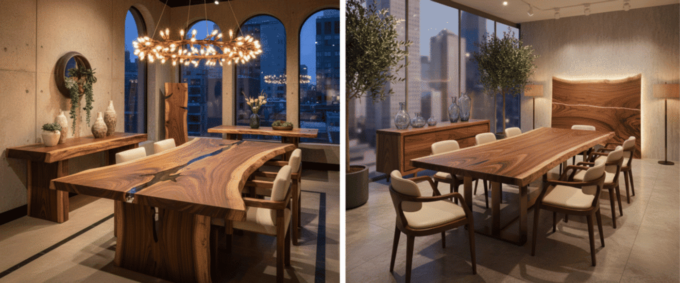 Modern dining room with a live-edge walnut table, matching benches, plush chairs, sculptural chandelier