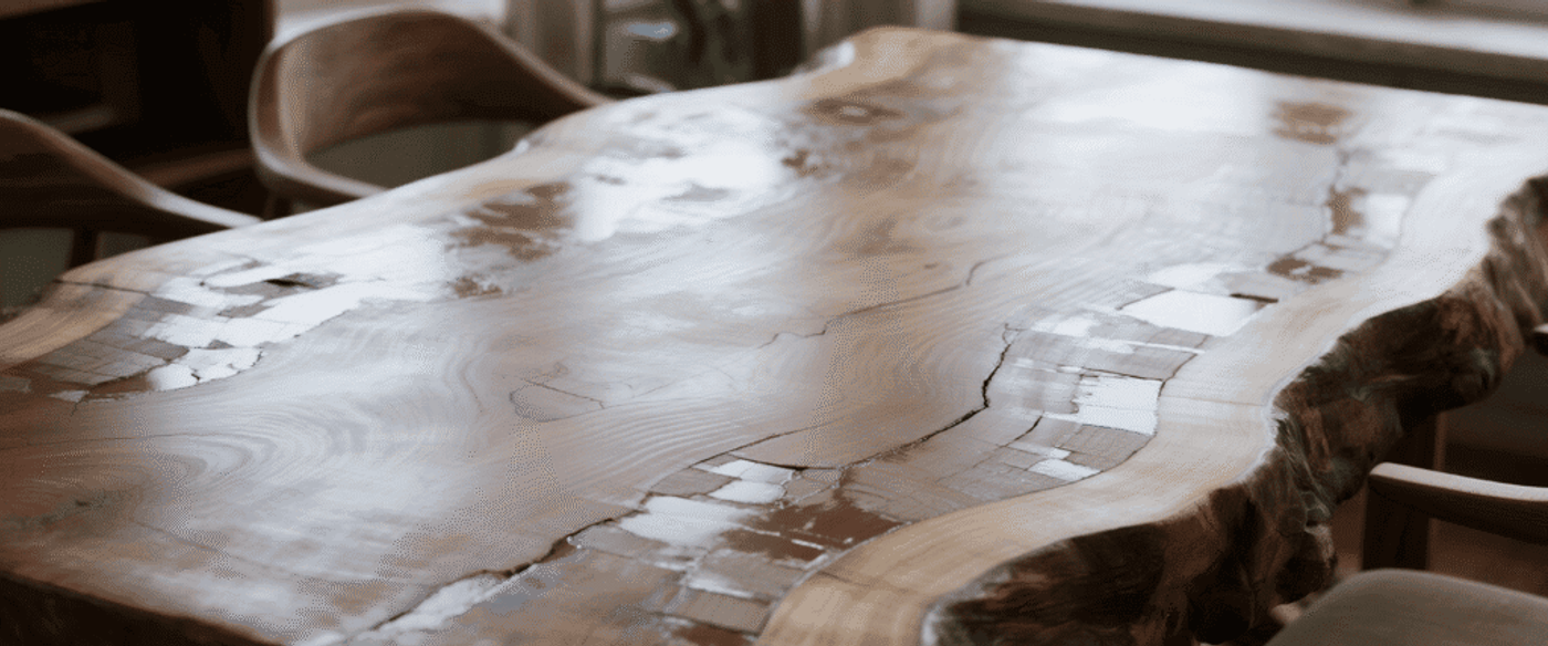 live-edge tabletop with visible finish cracks, peeling, and ghost lines where boards have shrunk