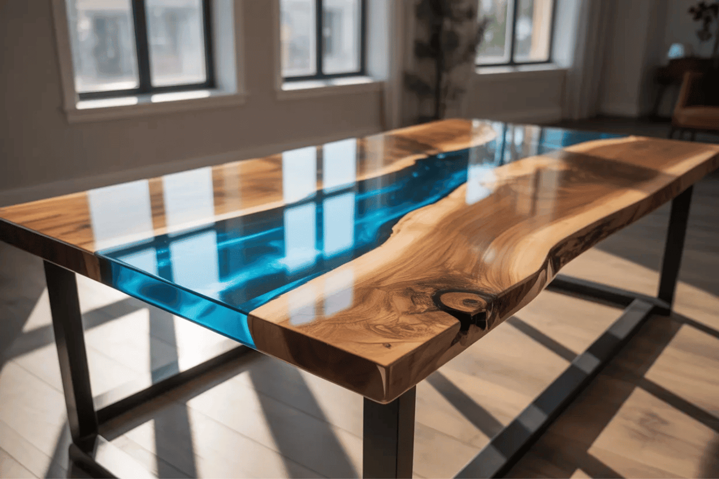 Live edge wooden table with blue resin river design, blending natural wood grain and modern art for a unique, stylish look.