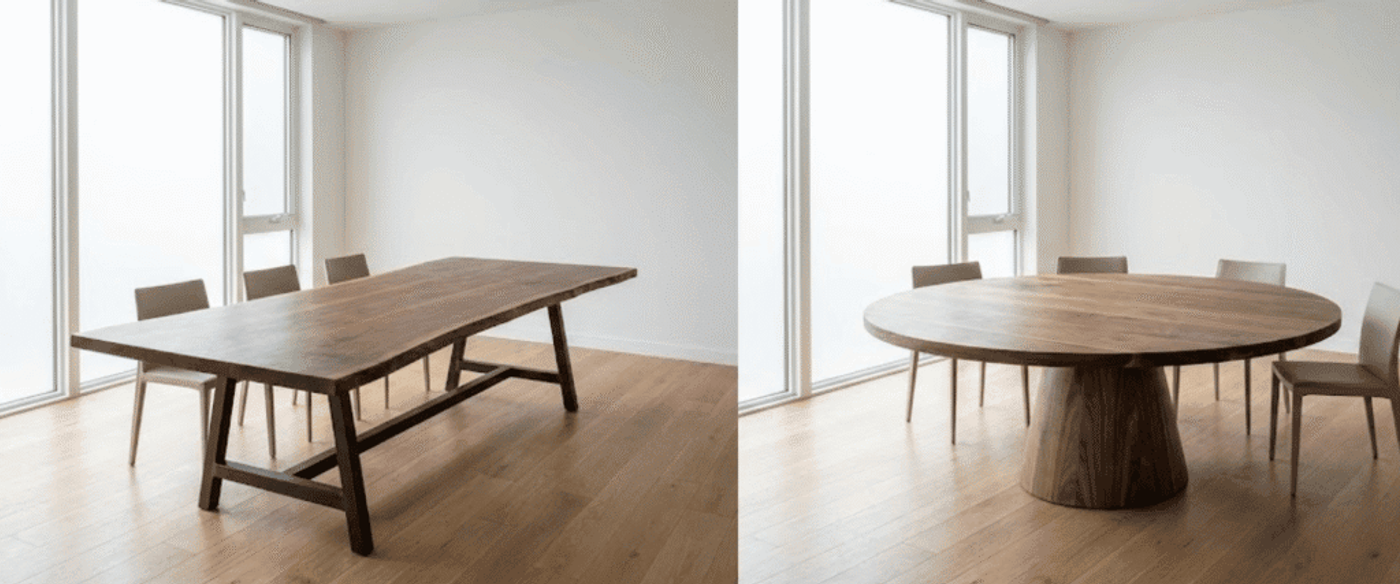 Long walnut dining tables in a bright minimalist room: one rectangular with metal legs, one round with a solid pedestal, four chairs