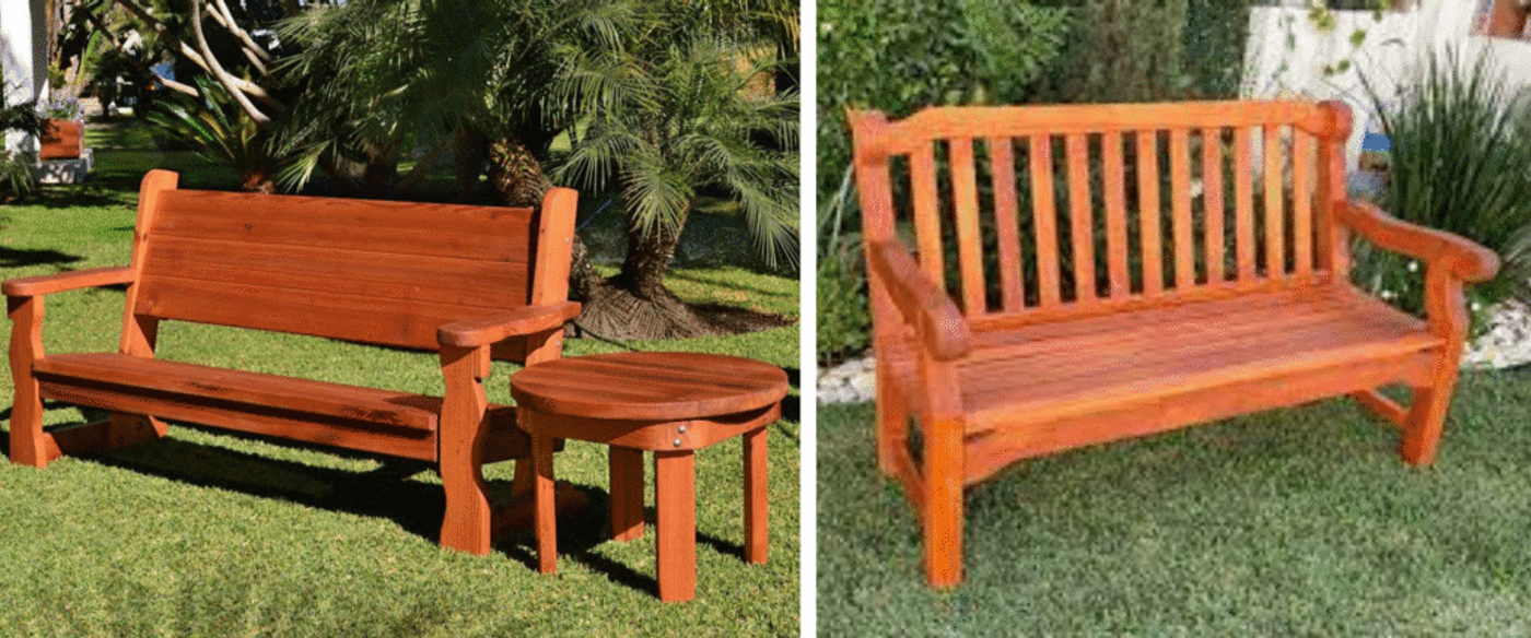 A wooden bench made from cedar wood, placed in a vibrant garden filled with colorful flowers and lush greenery.