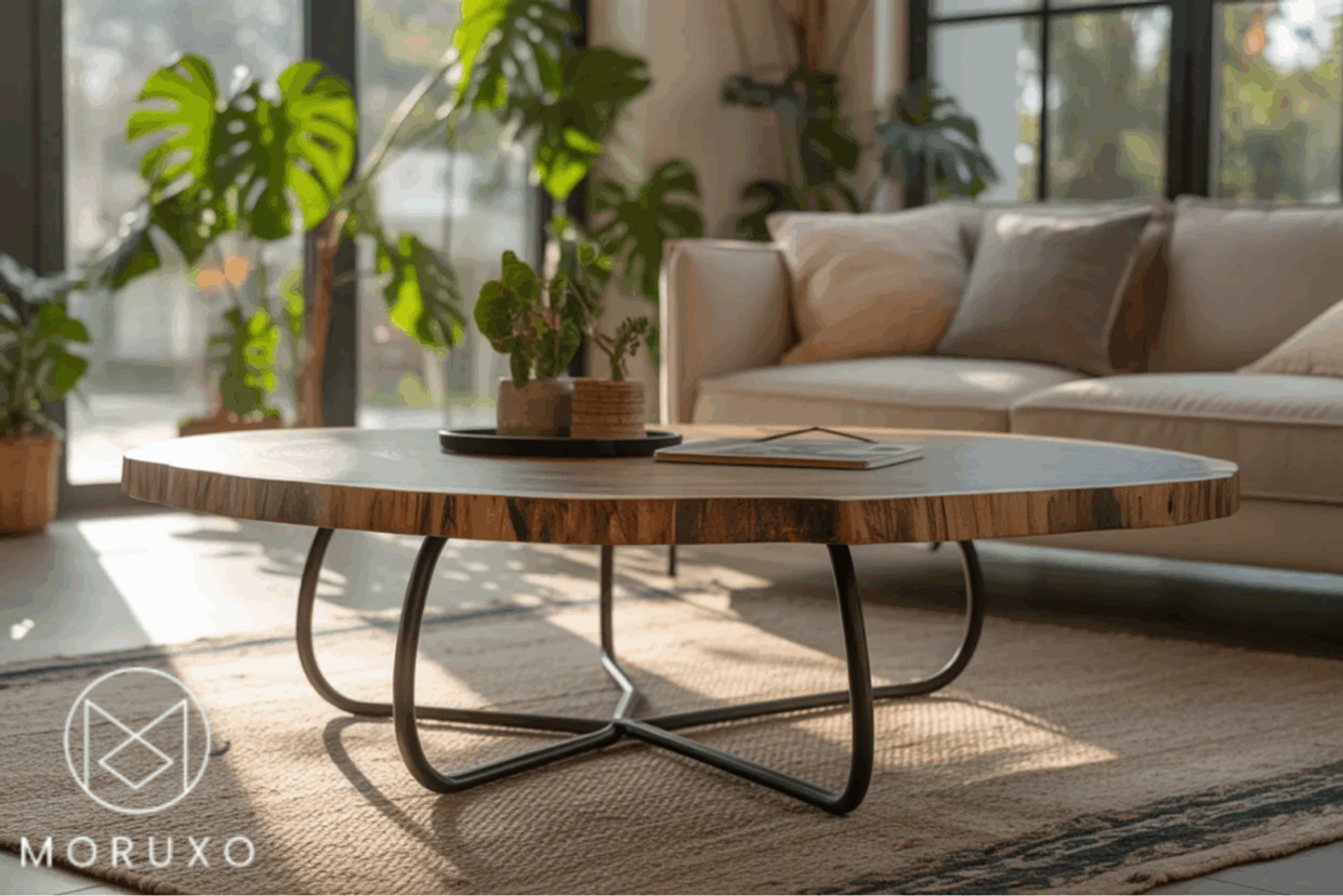 Low wooden coffee table with metal legs in a bright living room, surrounded by plants and a beige sofa.