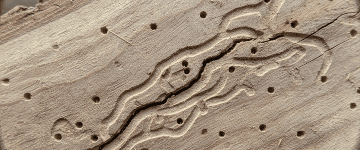 Wood plank cross-section showing winding beetle galleries and numerous round exit holes from bark-boring insects.