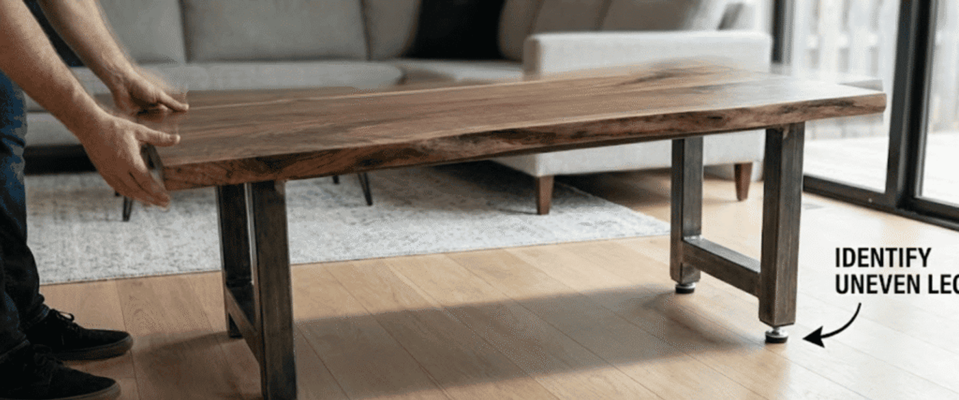 Man adjusting a wooden coffee table; close-up shows one metal leg with an uneven adjustable foot on a hardwood floor