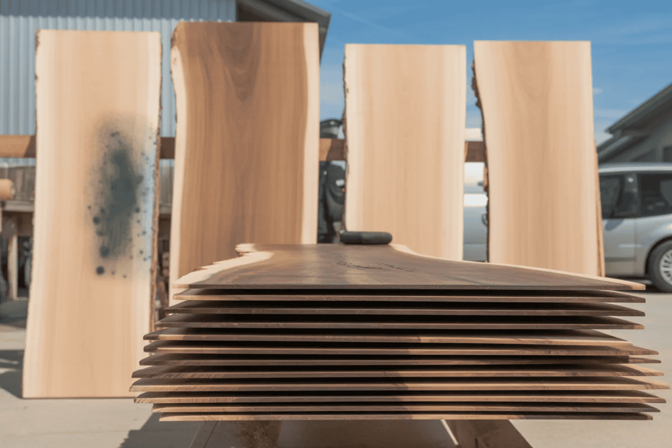 Wood slabs stacked and displayed, showing different natural grain patterns and colors, ready for woodworking or furniture making.