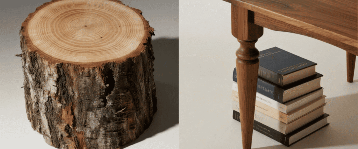 Wood log and finished wooden table leg—showing raw timber to crafted furniture in one frame.