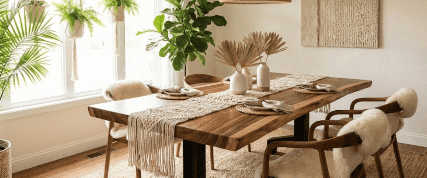 Sunlit boho dining room with live-edge wooden table, woven runner, sheepskin chairs, hanging plants, and neutral decor accents