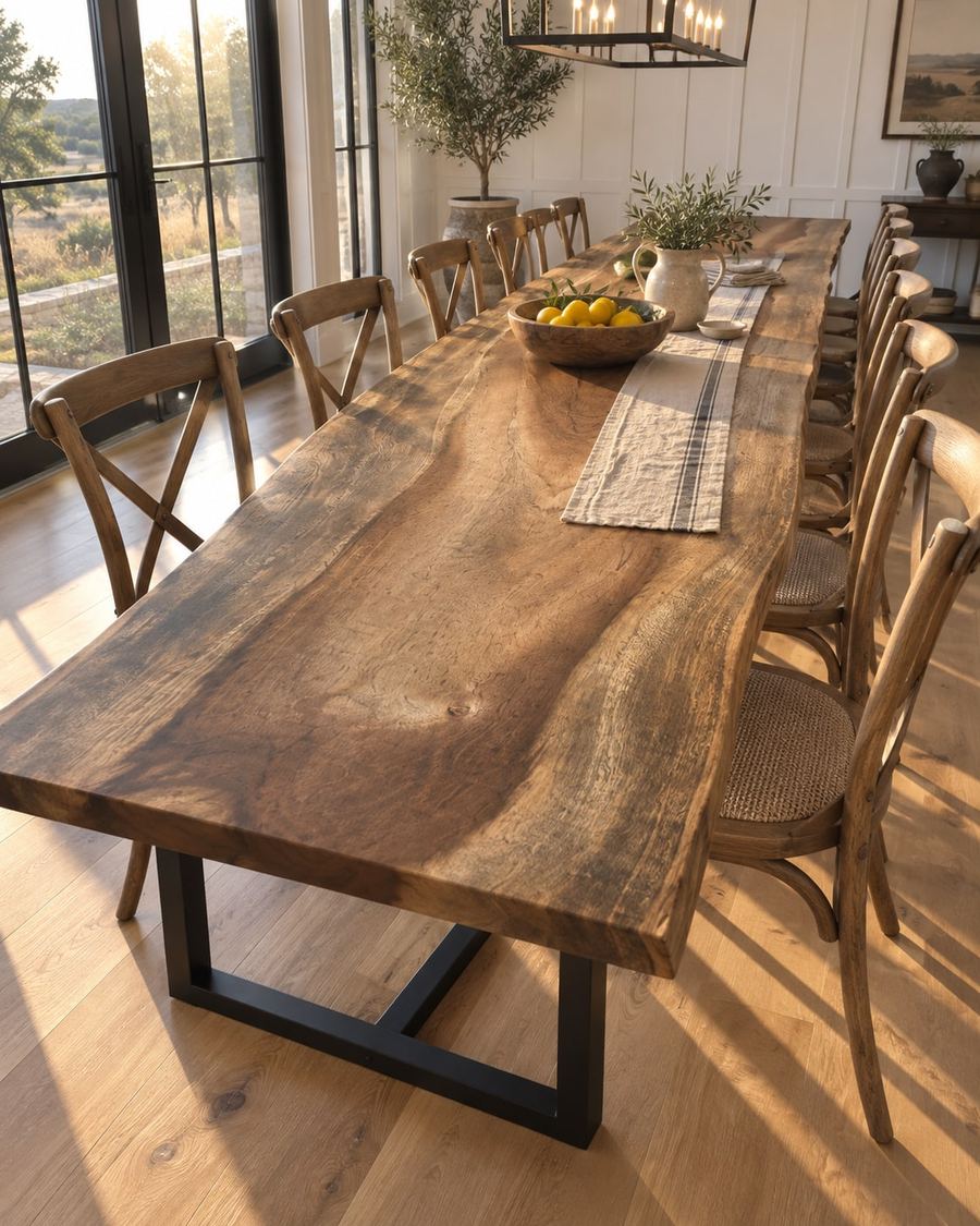 Rendering of the Silvia Decima slab as a dining table with Tripod Legs in a modern farmhouse home