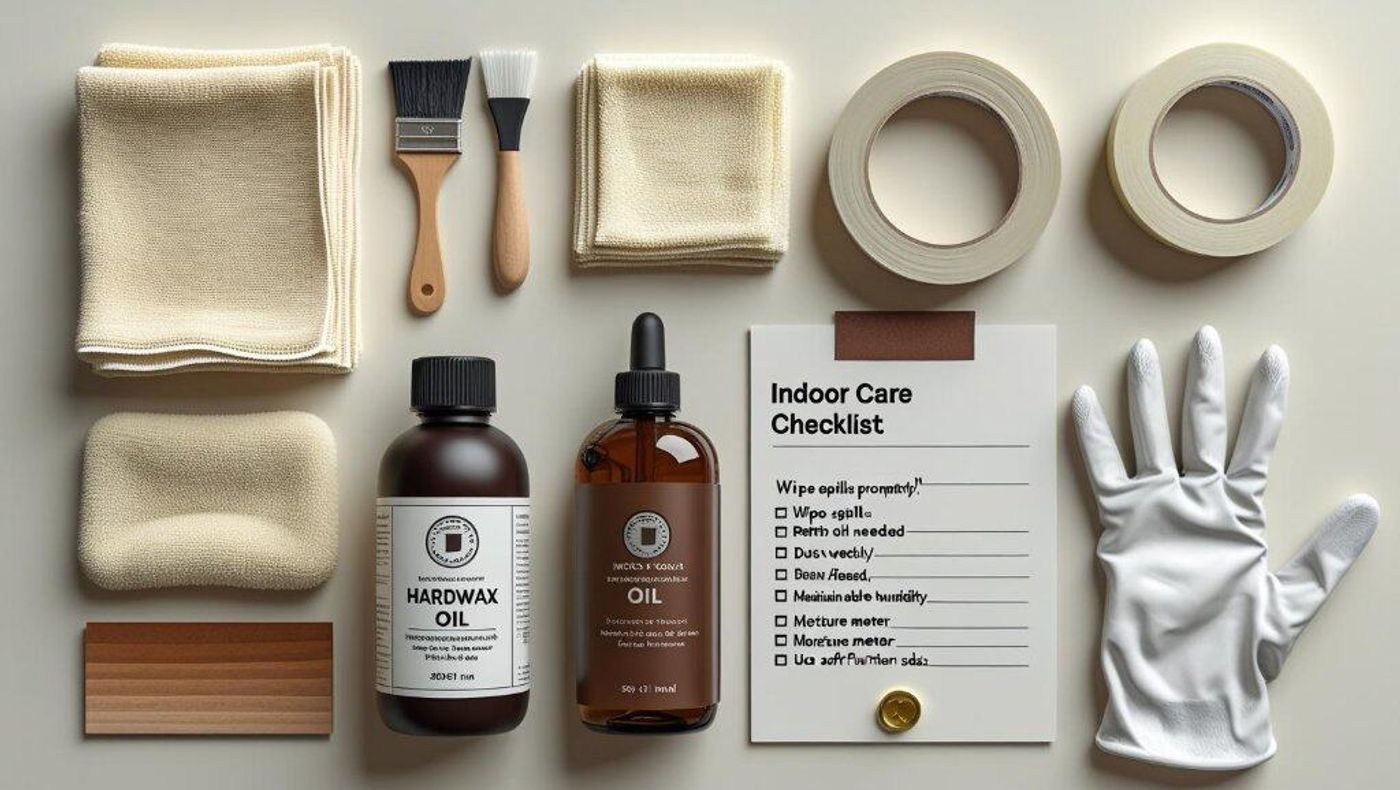 Cleaning and maintenance kit with cloths, brushes, tapes, oils, gloves, and an indoor care checklist.