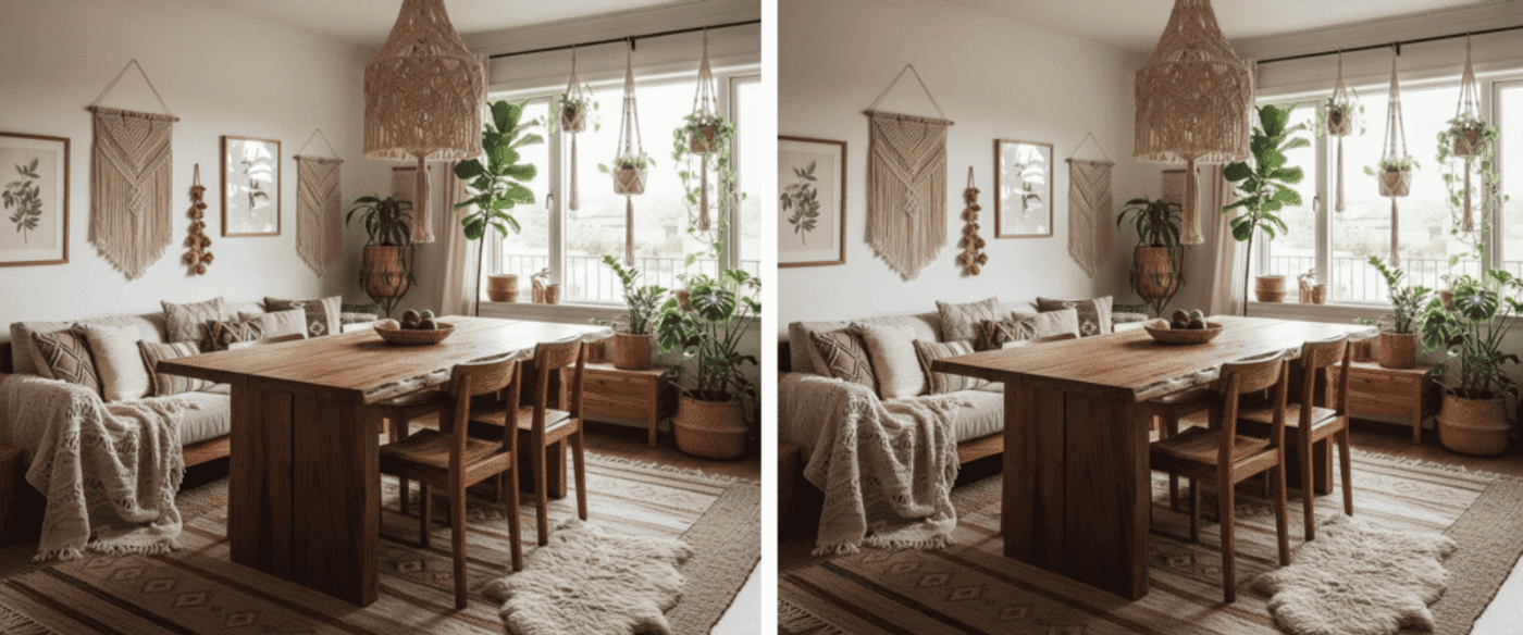 Warm, bohemian dining area with wooden table and chairs, macramé decor, hanging plants by a bright window, textured rugs and cozy sofa