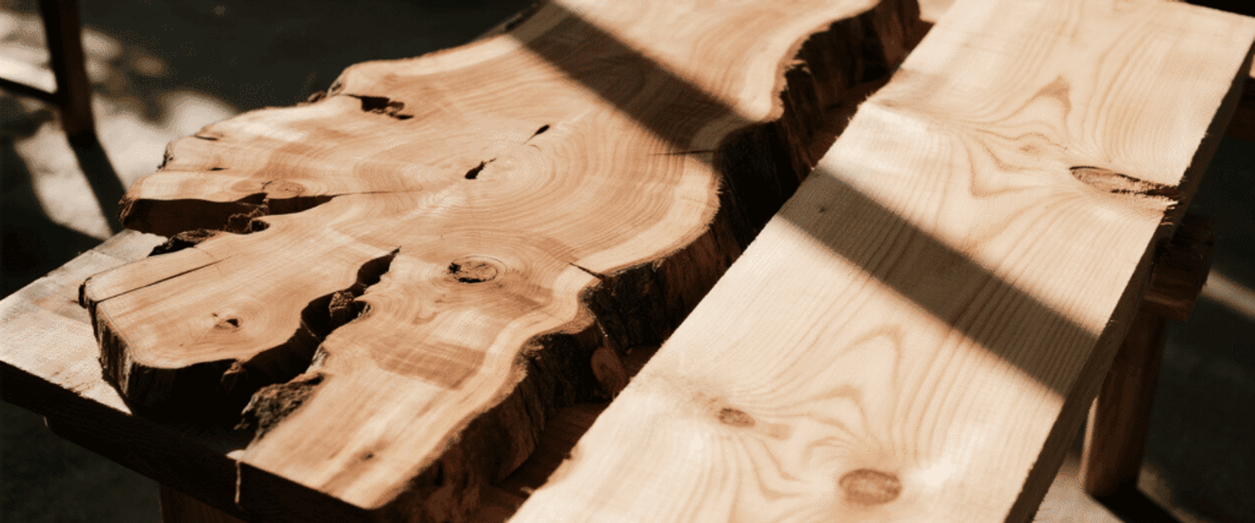 Irregular live-edge slab with natural features (knots, burls, pith); on the other, standard straight-cut lumber. Highlight the complexity and challenges of drying live-edge wood