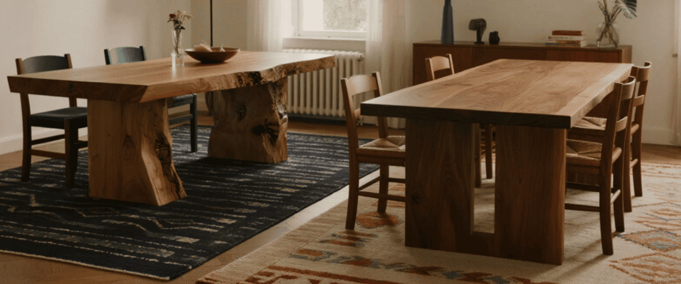 Two wooden dining tables with chairs in a cozy, well-lit room featuring rugs, plants, and simple decor for a warm ambiance.