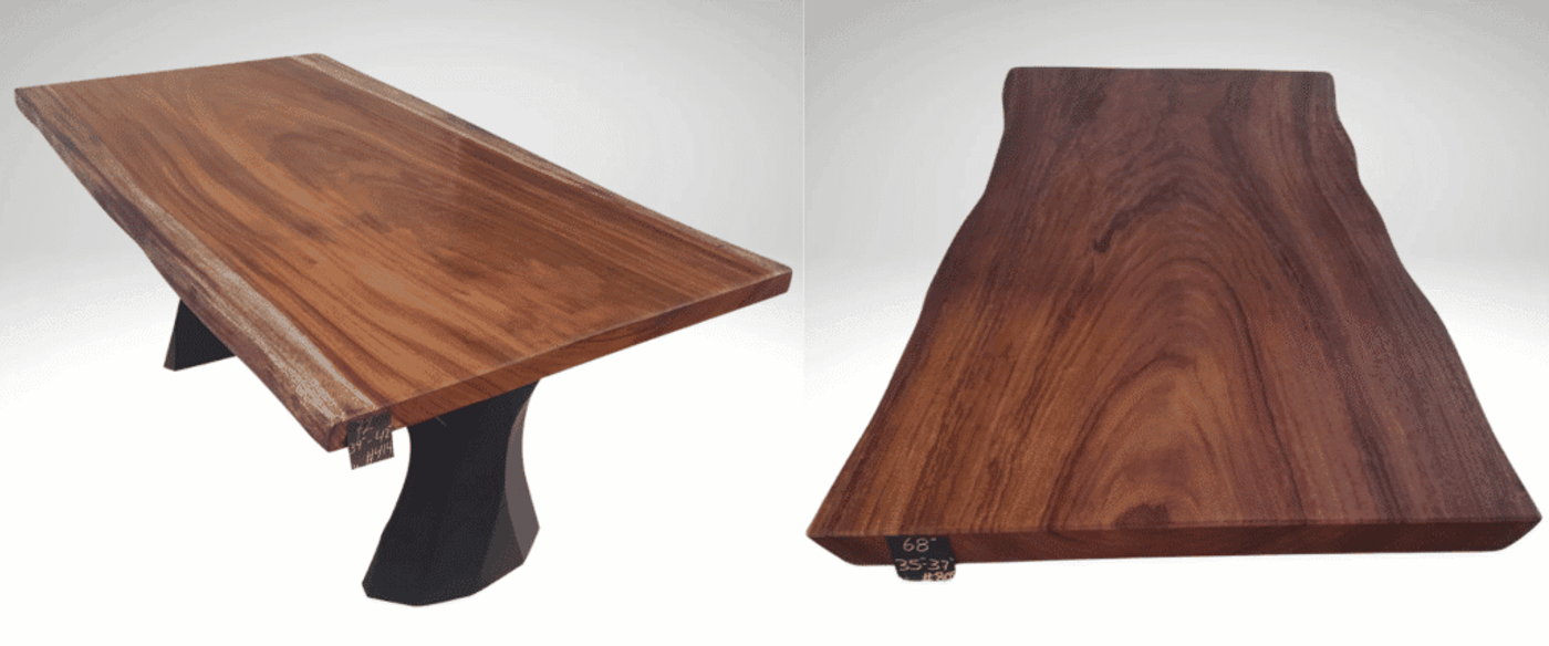 Wide live-edge walnut slab with rich brown grain and natural curves