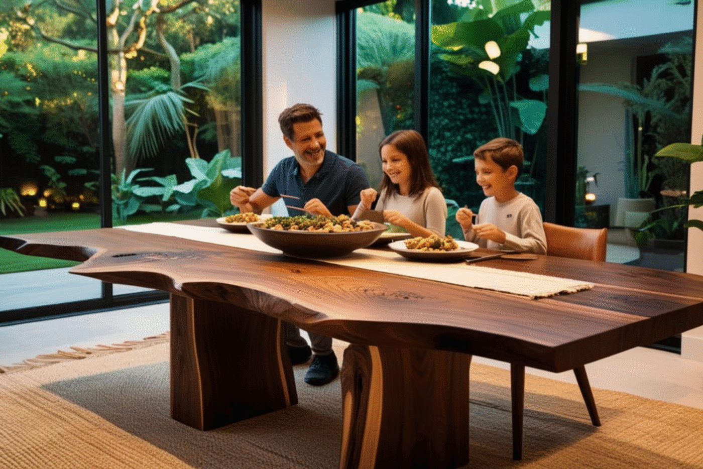 Family enjoying a meal together at a live edge wooden dining table in a bright room.