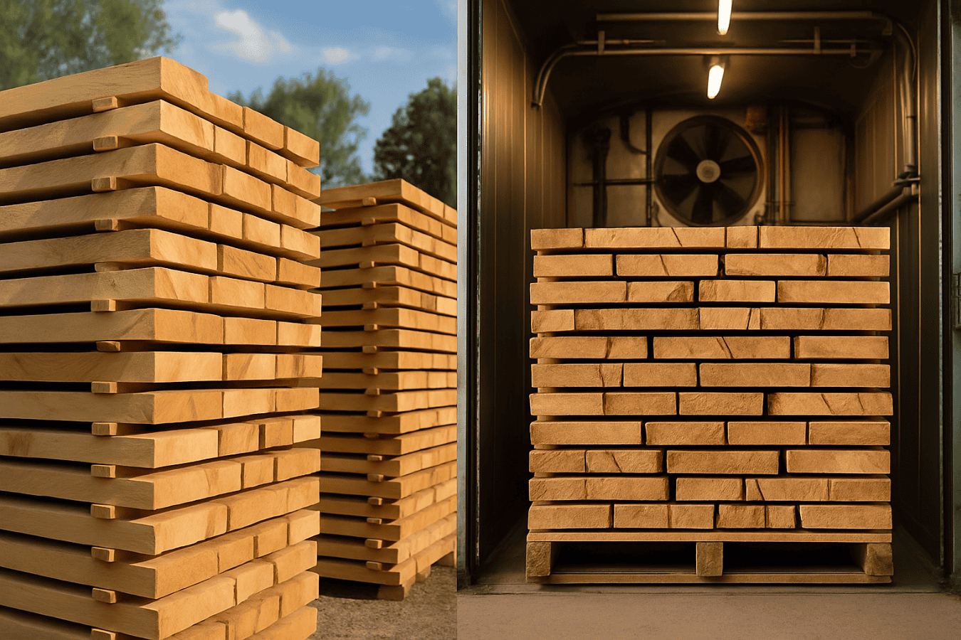 Stacked wooden planks drying in a controlled environment to prevent warping and cracking.