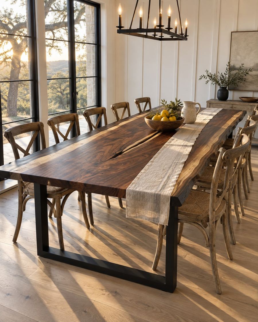 Rendering of the Ina Decima slab as a dining table with Traditional Legs in a modern farmhouse home