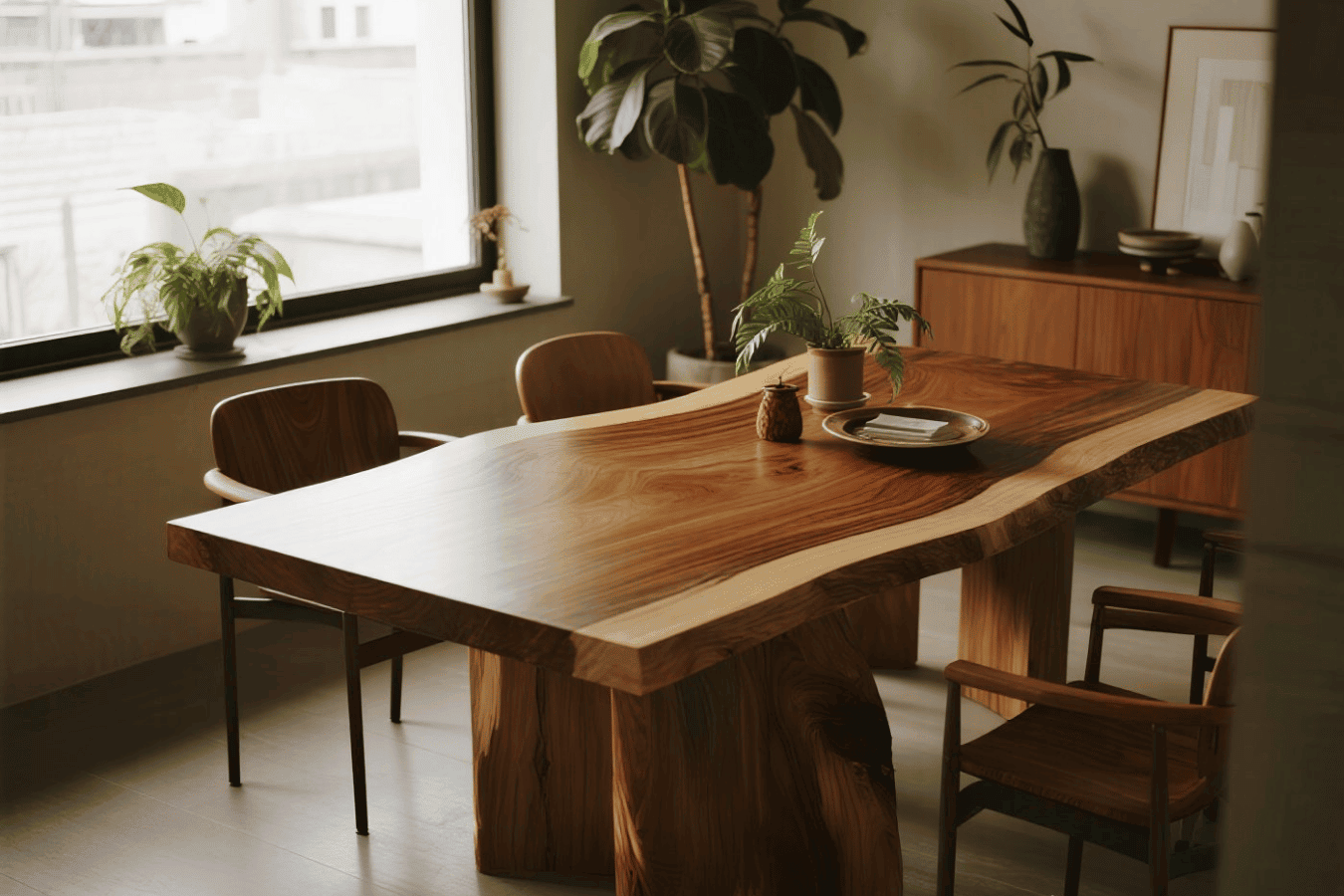 Handcrafted live-edge parota ining table with potted plants, wooden chairs, and soft natural light from a large window