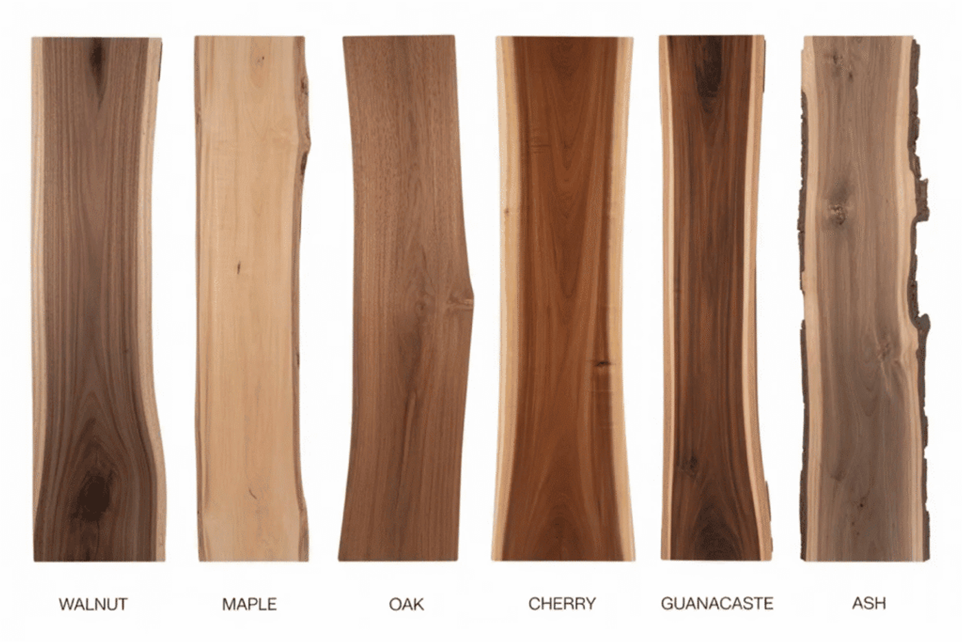 Six wood samples labeled Walnut, Maple, Oak, Cherry, Guanacaste, and Ash, showing their natural grain and color variations.