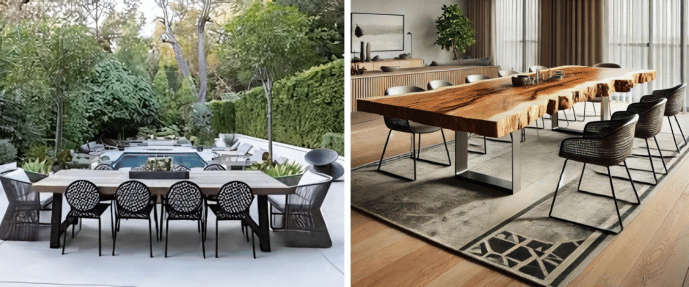 Outdoor patio with live-edge dining table by poolside and indoor modern dining room with natural wood slab table