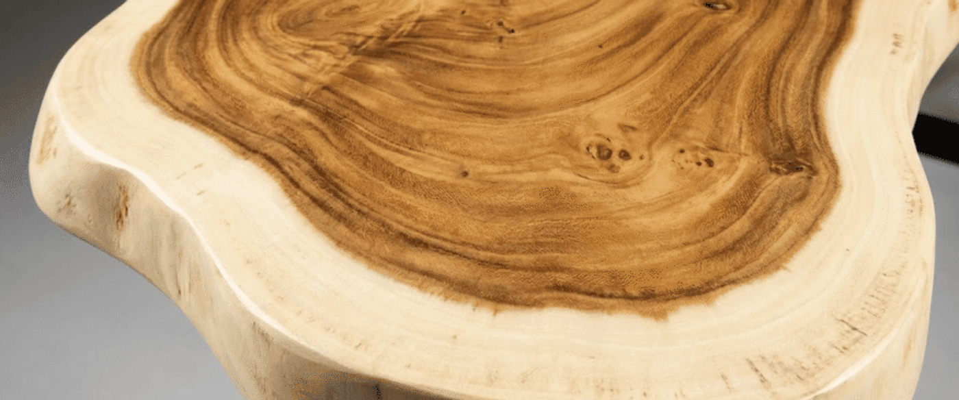 Live-edge wooden tabletop with rich concentric grain patterns and smooth pale sapwood border, polished natural finish, close-up view