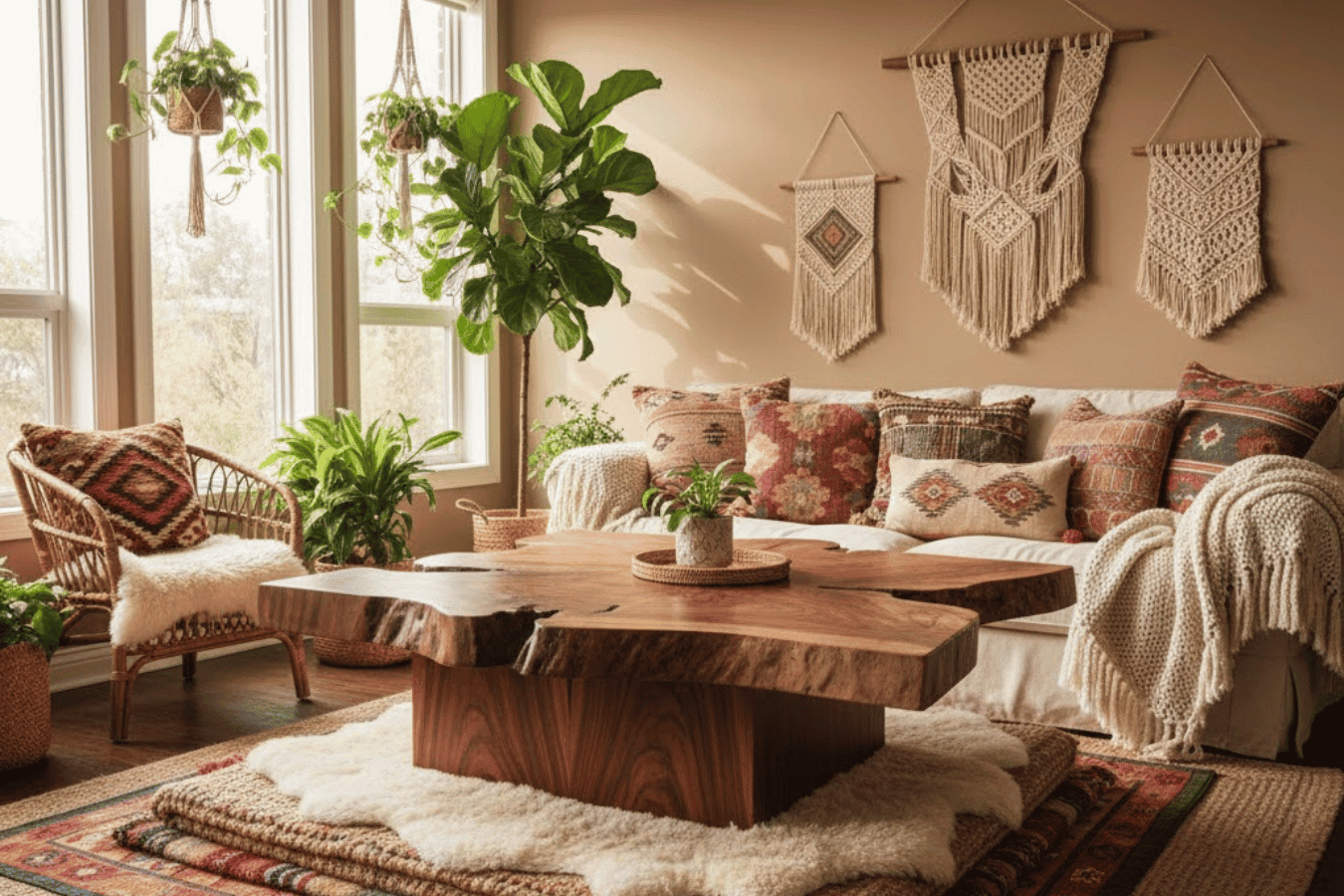 Cozy-bohemian-living-room-with-a-live-edge-wood-coffee-table-layered-textured-rugs-macrame-wall-hangings-plants-and-patterned-cushions