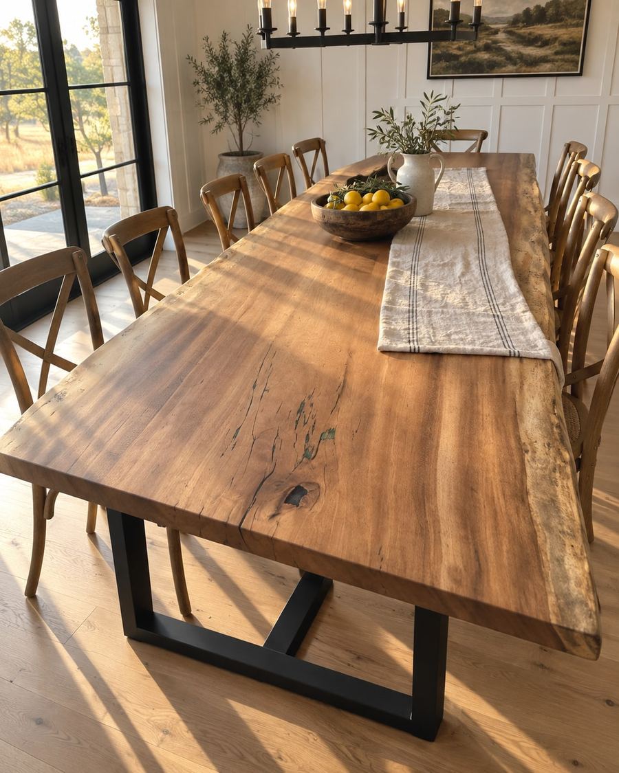 Rendering of the Gaia Decima slab as a dining table with Tripod Legs in a modern farmhouse home