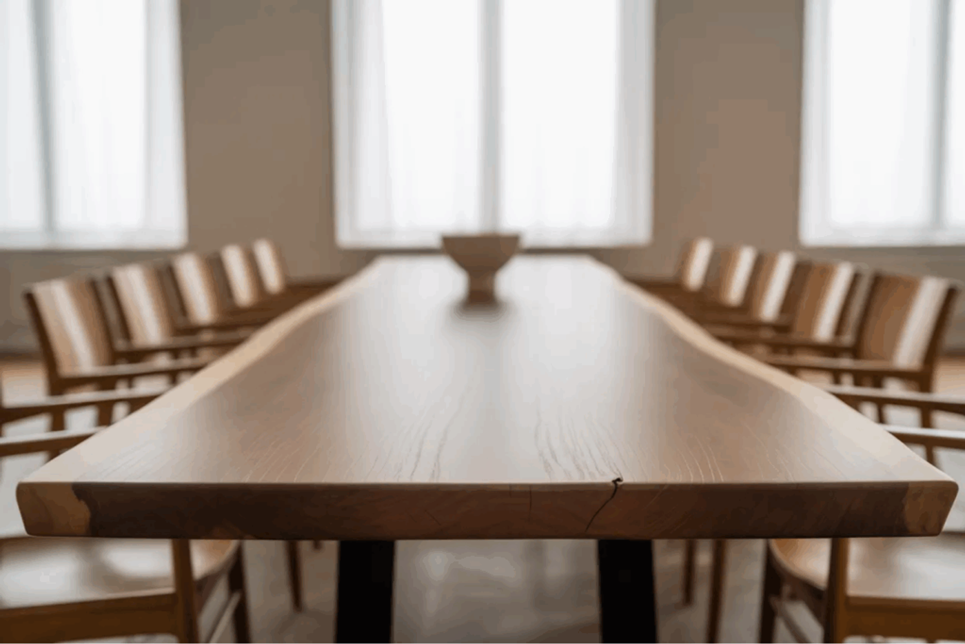 Meeting room with long wooden table and chairs, bright natural light from windows. Simple, modern design for group discussions or work.