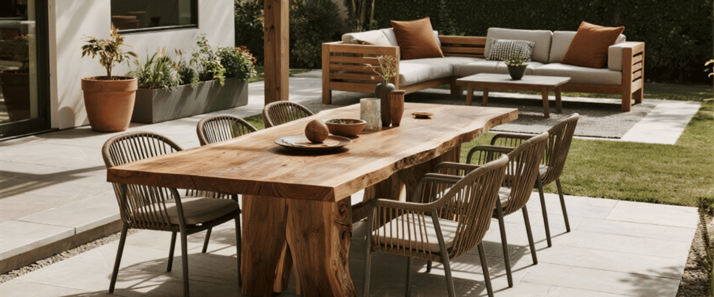 Outdoor patio with a solid wood dining table, six woven chairs, and a cozy sectional sofa set on a stone tile floor.
