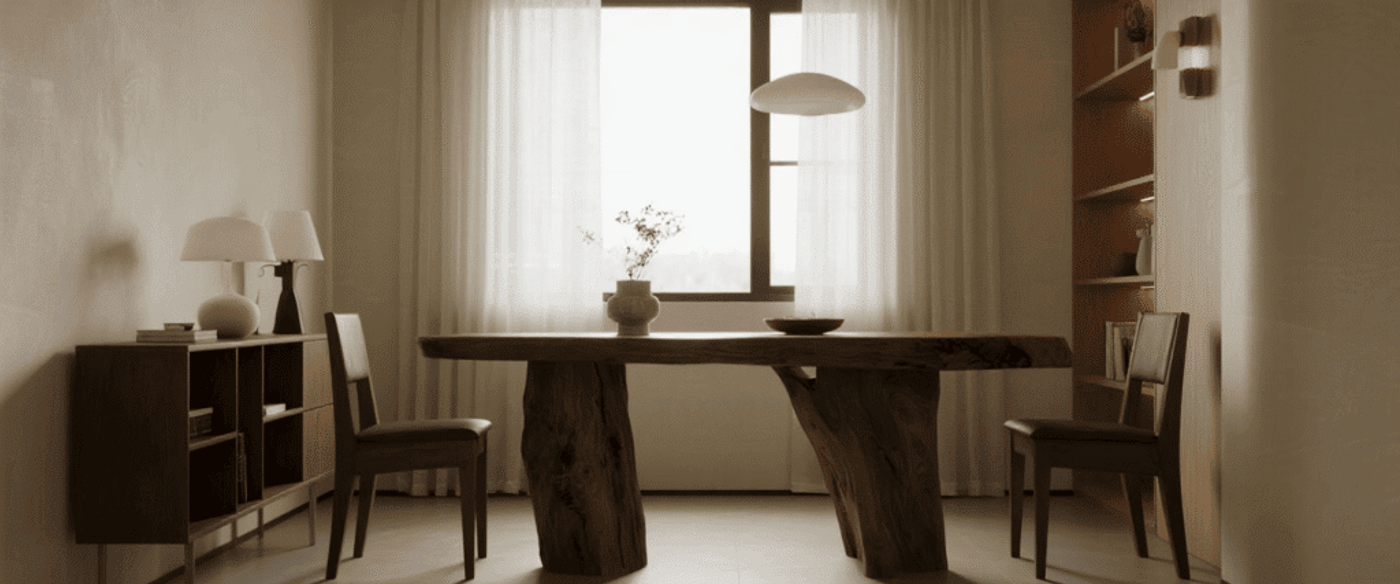 Warm, minimalist dining room with a live-edge wooden table, two chairs, soft natural light from a curtained window.