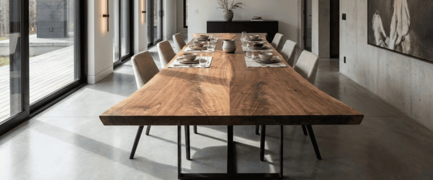 Dining room with a long live-edge wooden table set for eight, modern chairs, concrete floor and large glass doors letting in natural light
