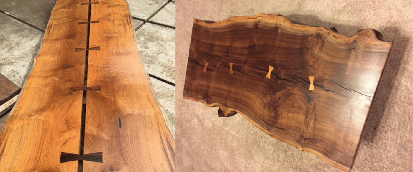 LT Text: Wood slabs with butterfly joints used to stabilize cracks, showcasing natural grain and craftsmanship.