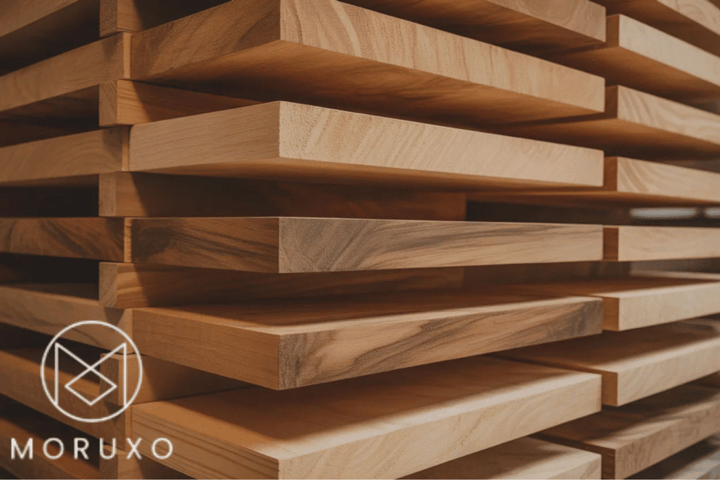 Wooden boards stacked horizontally, showing natural grain and texture, branded with Moruxo logo.